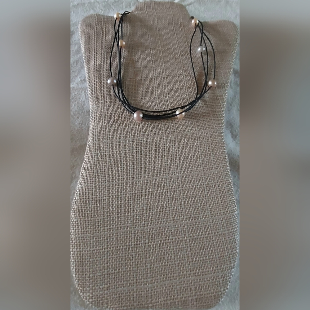 Handmade Light Pink & Silver Pearl & Black Leather Necklace